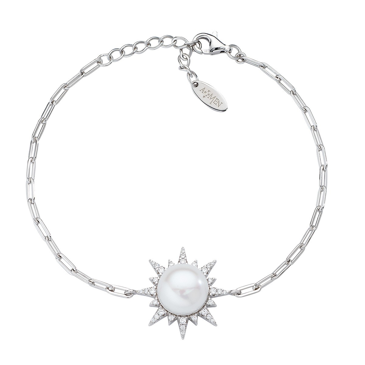 Bracciale in argento rodiato con perla e zirconi - AMEN