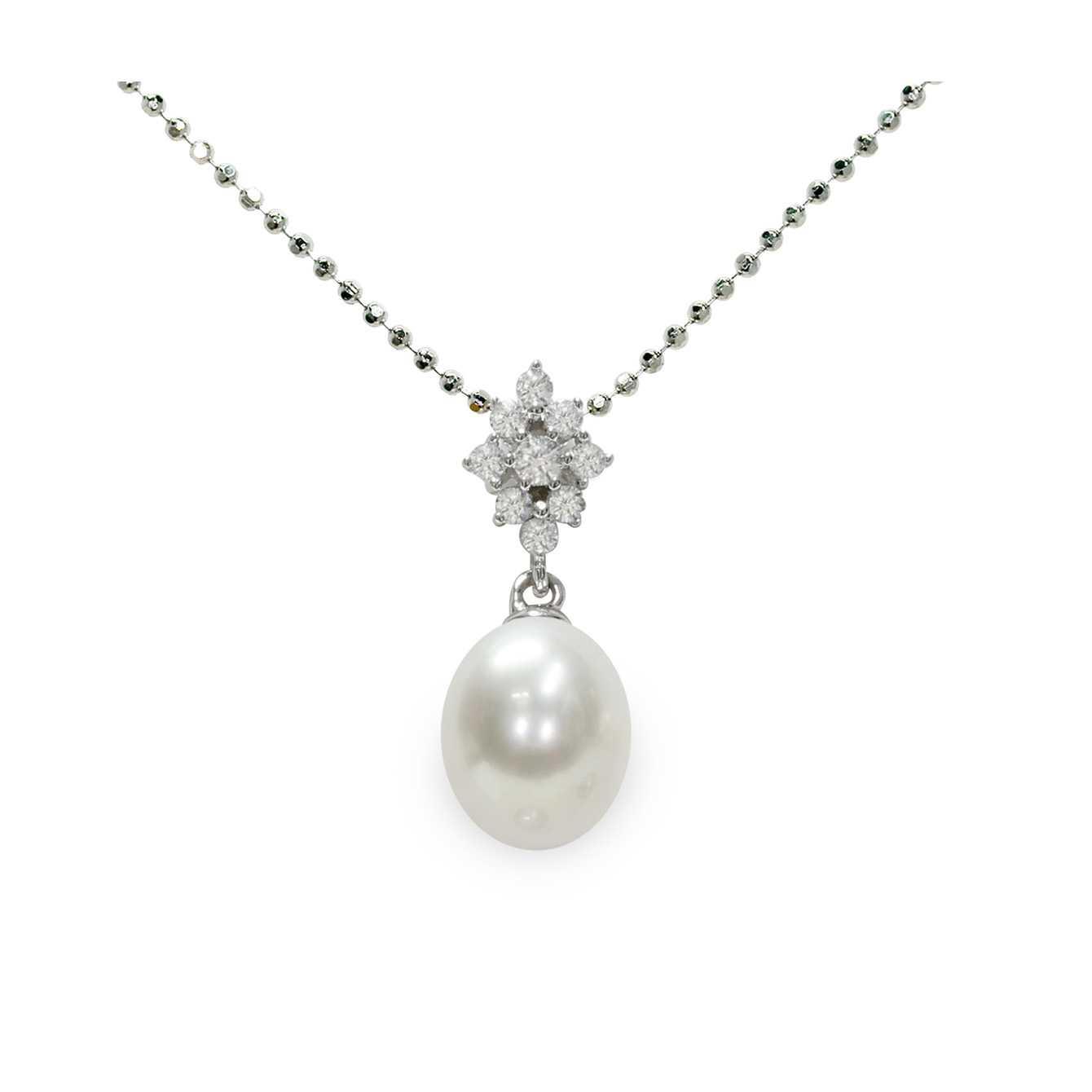 Silver necklace with full pearl drop and zircon - MAYUMI