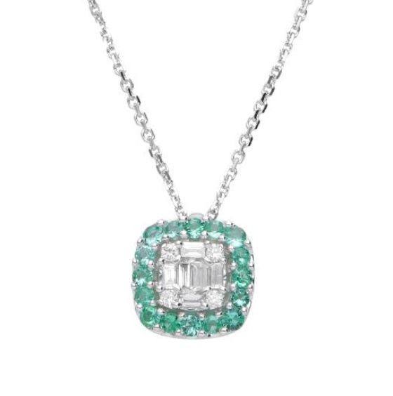 Baguette gold necklace with 0.08 ct diamonds and emeralds - ALFIERI & ST. JOHN