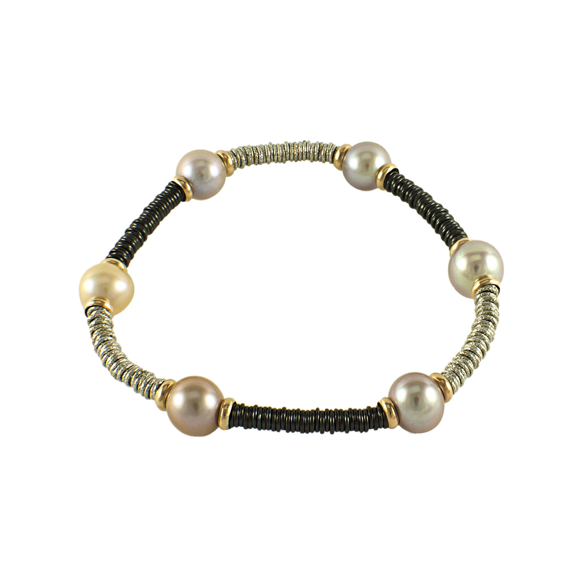 BRACCIALE IN CERAMICA NERA LUCIDA E ORO ROSA CON PERLE - ROBERTO DEMEGLIO