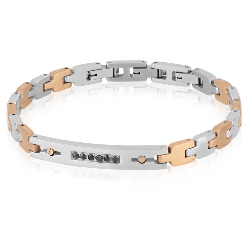 Pulsera bicolor acero con circonitas negras y barra - LUXURY MILANO