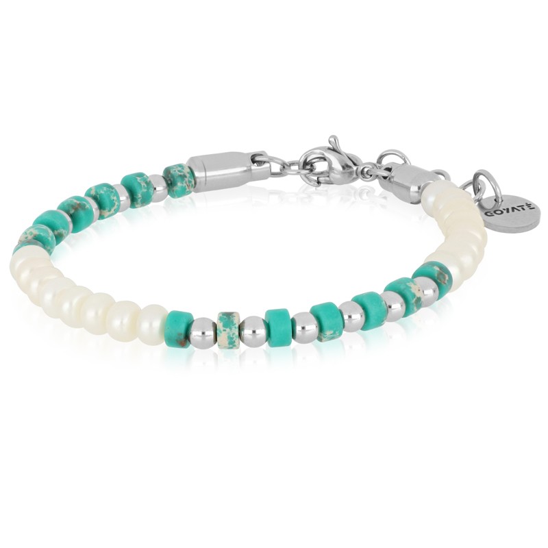 Pulsera perlas de r&iacute;o y howlita en acero 18+3 cm - LUXURY MILANO