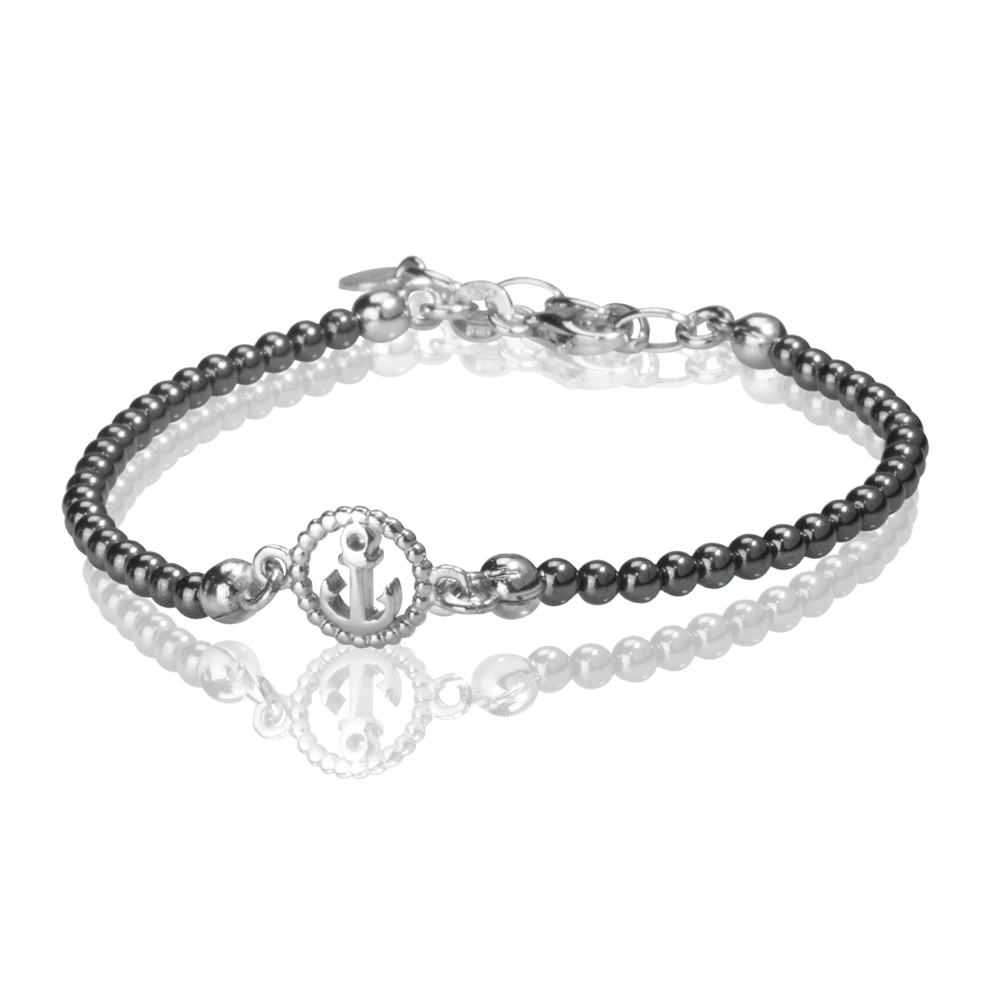 Pulsera en plata de ley 925 rodiada con hematita gris y ancla - LUXURY MILANO