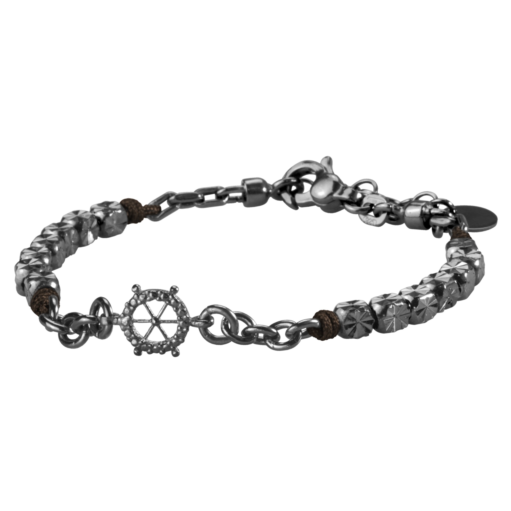Pulsera tim&oacute;n plata oxidada y cuerda marr&oacute;n 18+3 cm - LUXURY MILANO