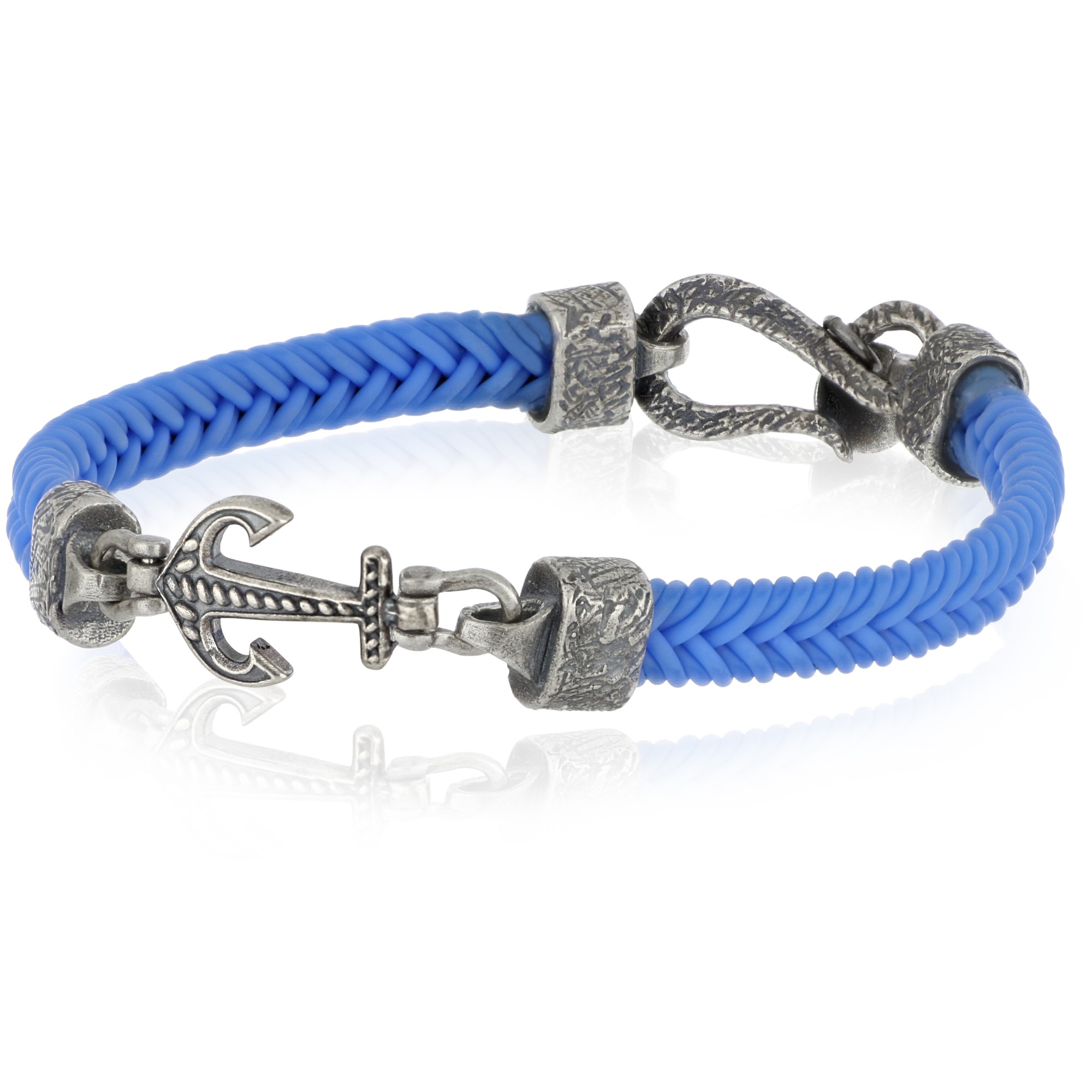 Pulsera de caucho azul con ancla en plata de ley 925 - LUXURY MILANO