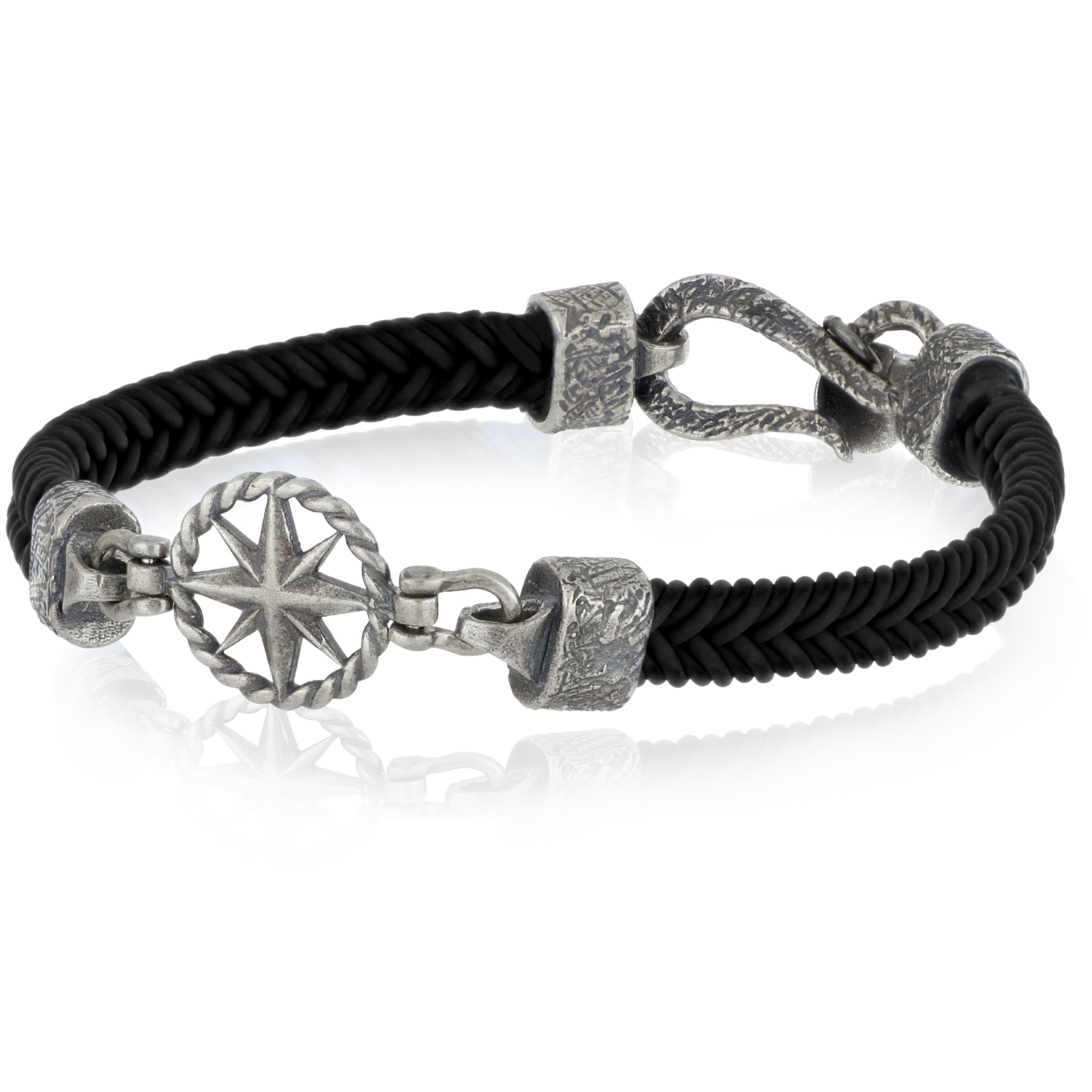 Pulsera de caucho negro con rosa de los vientos en plata de ley 925 - LUXURY MILANO