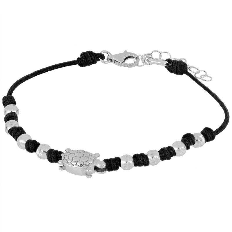 Pulsera plata 925 tortuga y cord&oacute;n negro - LUXURY MILANO