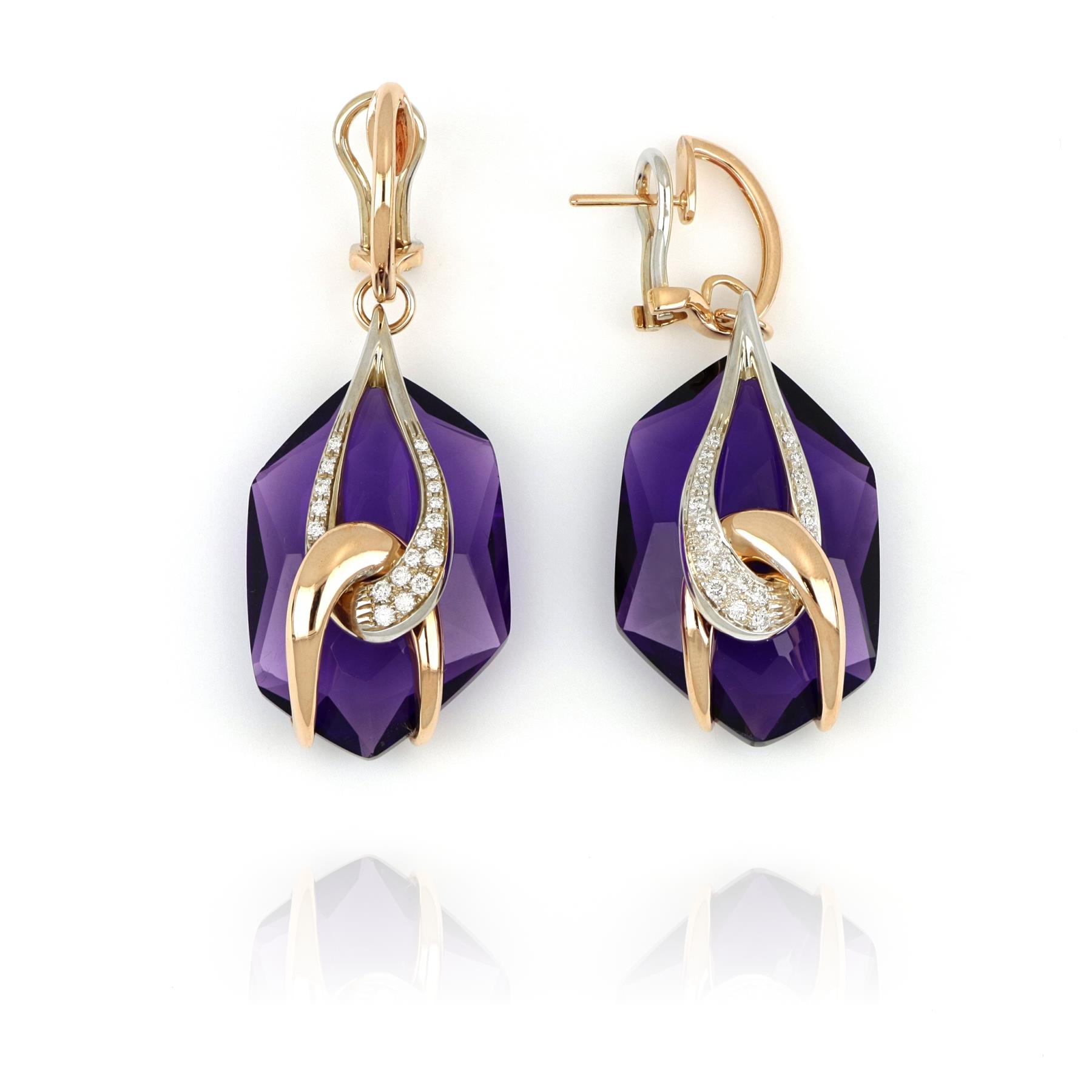 Gold lever earrings with hydrothermal amethyst and diamonds - GOLD ART