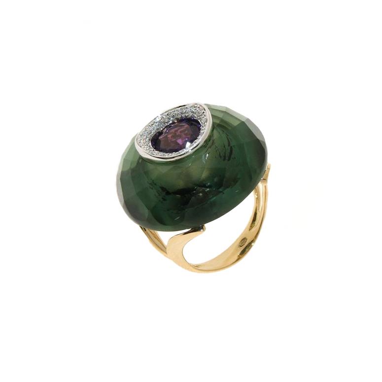 Rose gold ring with green quartz and amethyst - GOLD ART