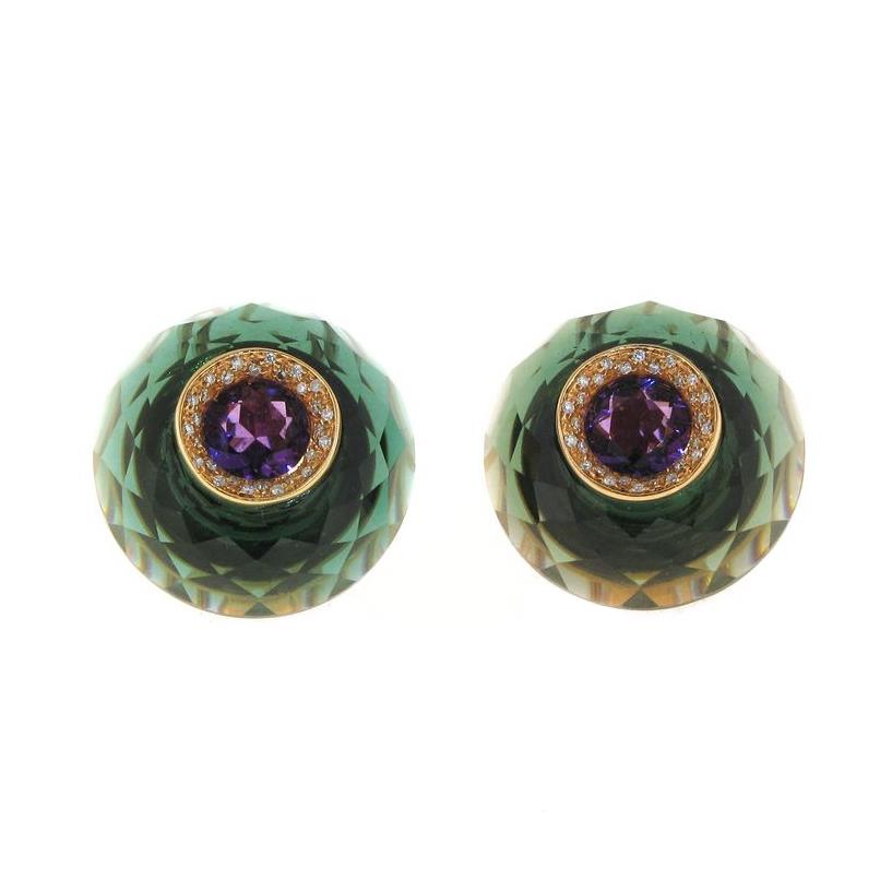 Gold earrings with green quartz and amethyst - GOLD ART
