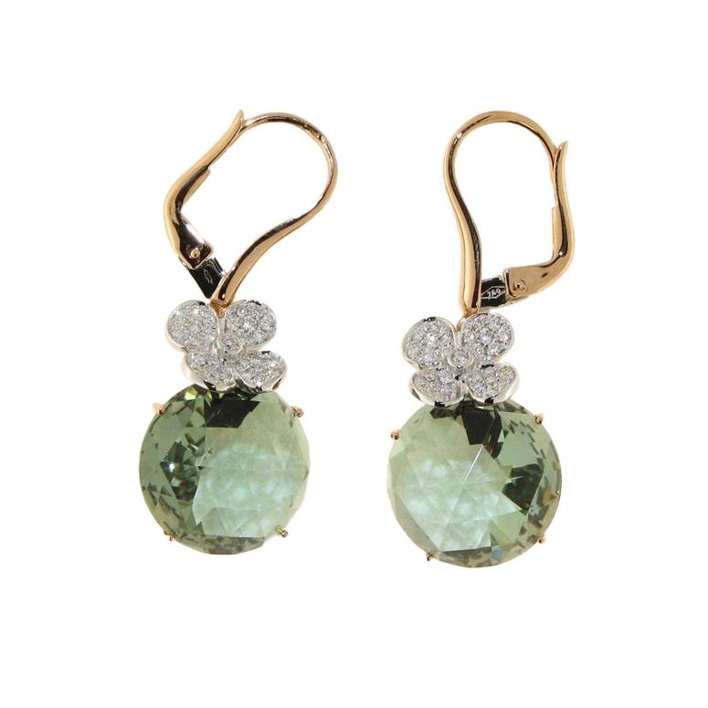 Gold pendant earrings with green quartz and diamonds - GOLD ART