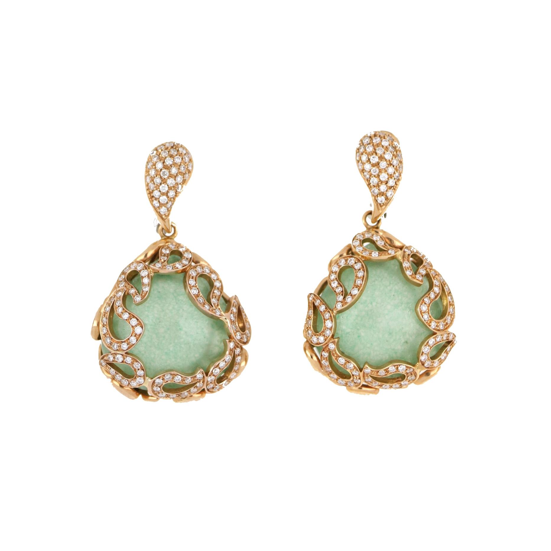 Gold pendant earrings with diamonds and green aventurine - GOLD ART