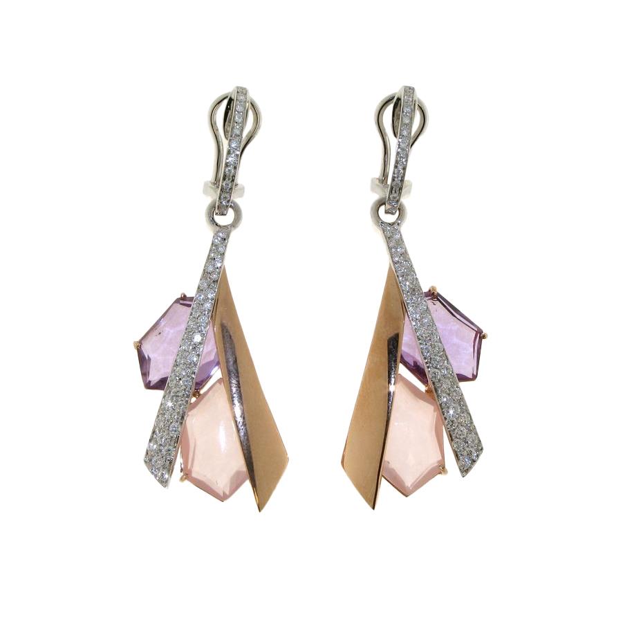 Gold pendant earrings with amethyst and rose quartz - GOLD ART