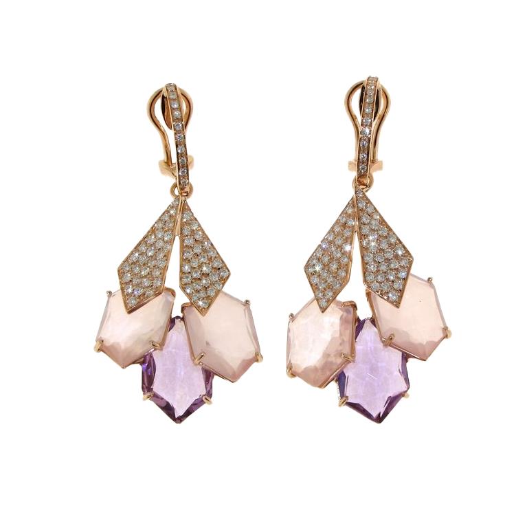 Rose gold pendant earrings with amethyst and rose quartz - GOLD ART