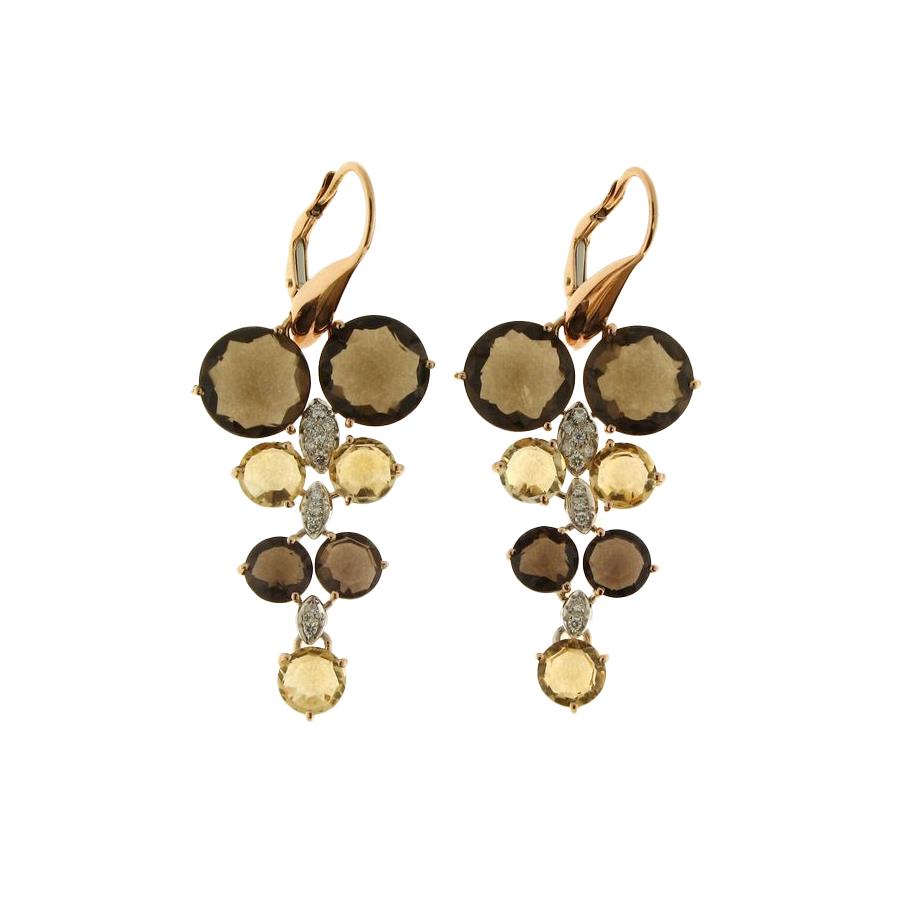 Gold pendant earrings with smoky quartz and citrine - GOLD ART