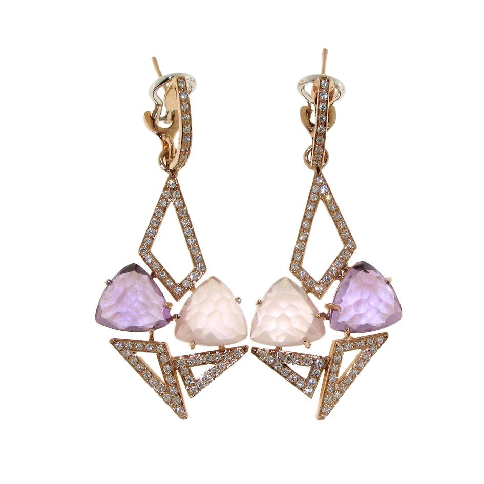 Rose gold pendant earrings with amethyst and rose quartz - GOLD ART
