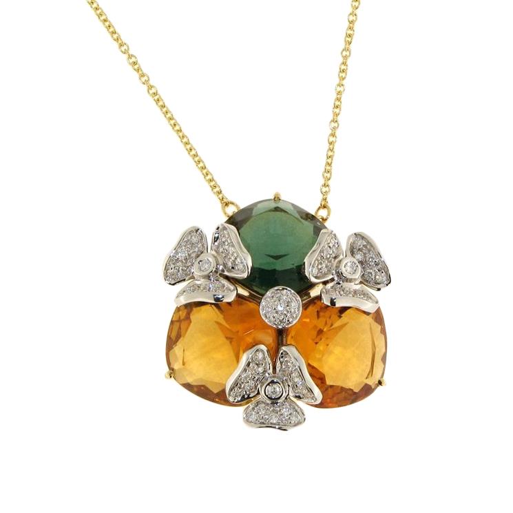 Gold necklace with diamonds, hydrothermal citrine and green quartz - GOLD ART