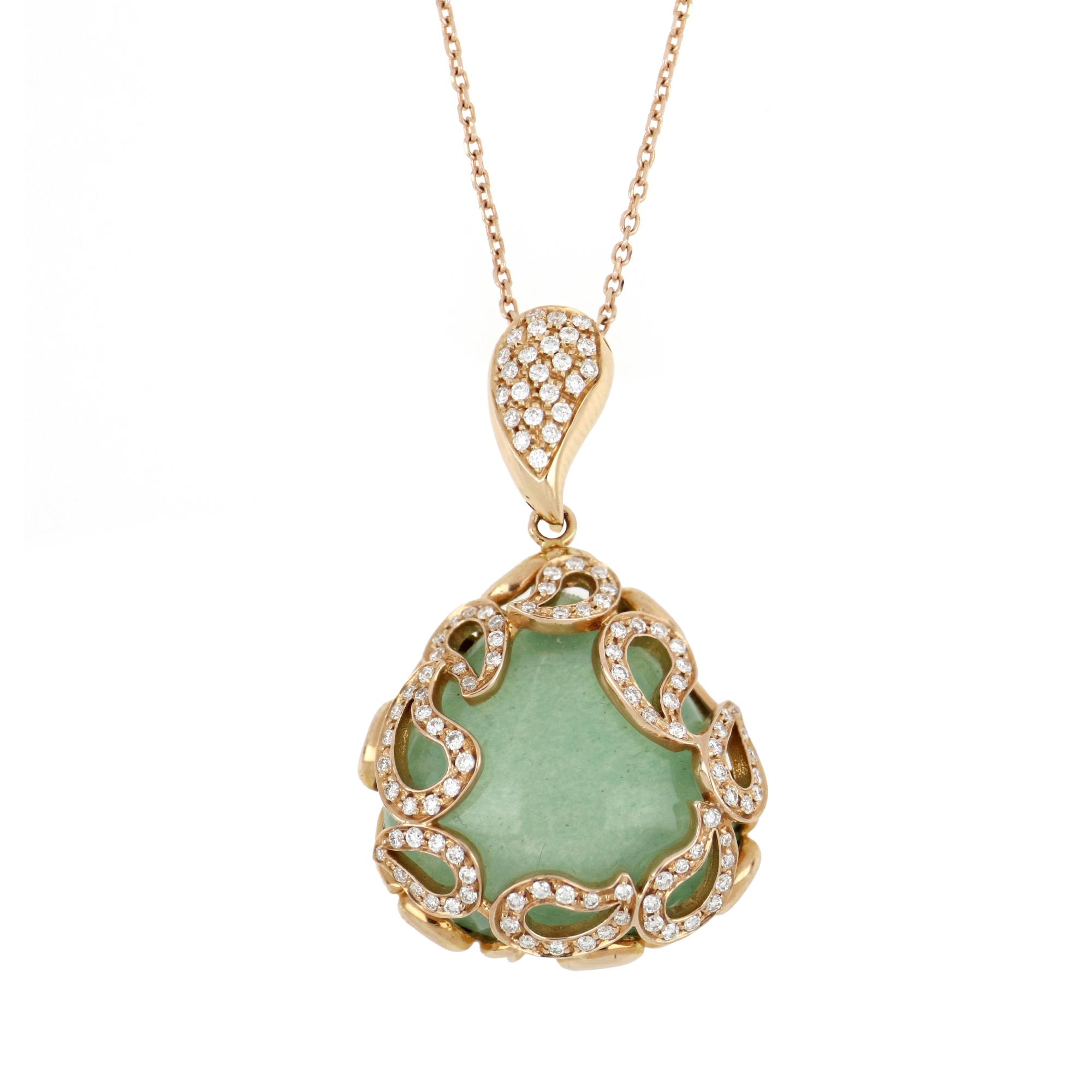 Rose gold necklace with green aventurine and diamonds - GOLD ART
