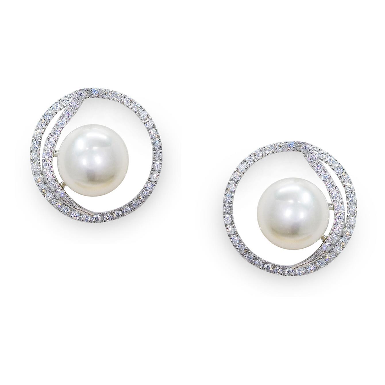 Silver earrings with full pearlescent pearl and zircons - MAYUMI