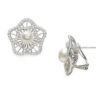 Silver earrings with full pearlescent pearl and zircons - MAYUMI