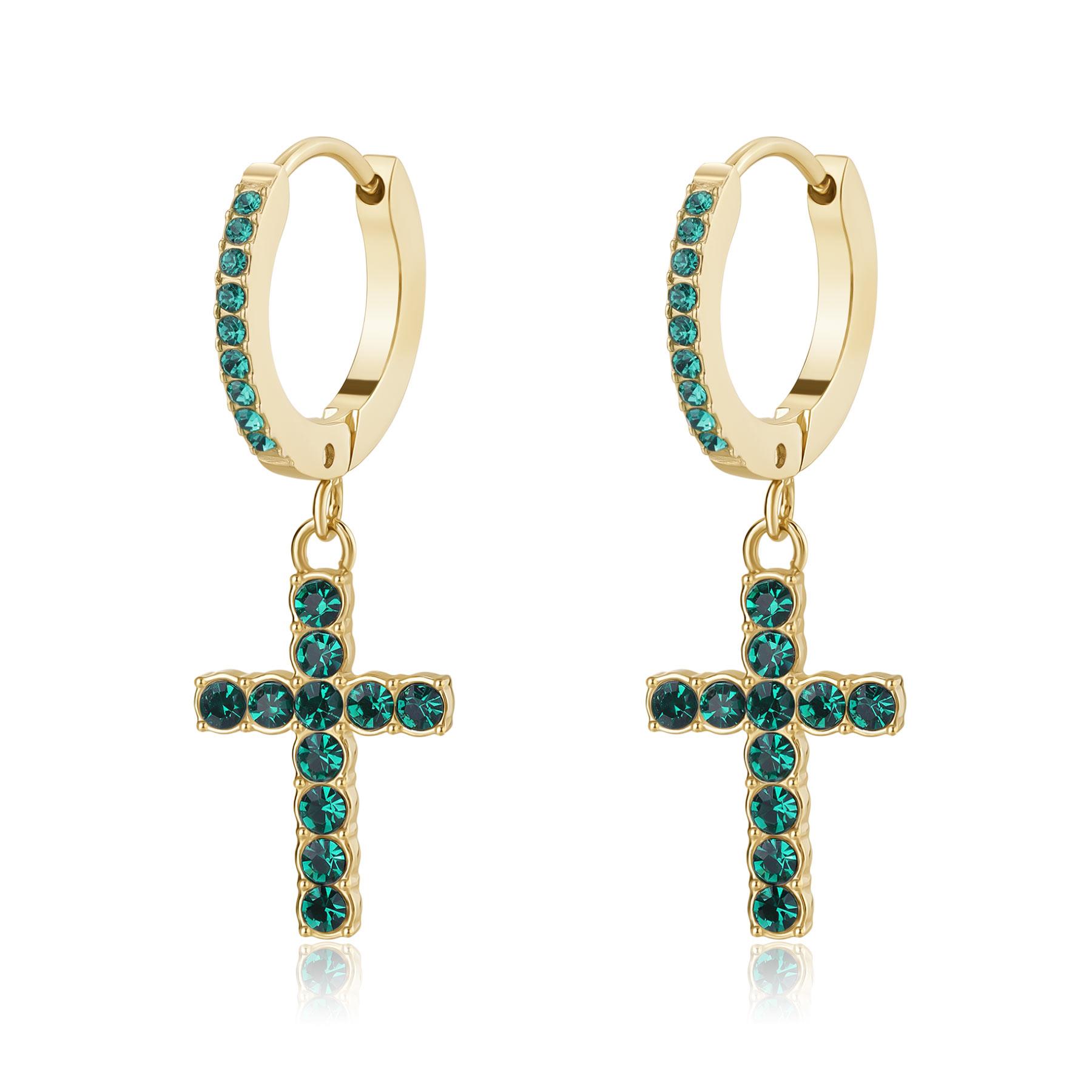 Pendientes Dazzly de aro con cruz y cristales verdes - S