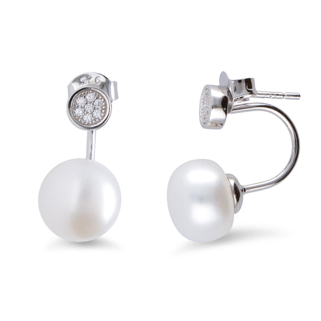 Silver earrings with button pearl and zircons - MAYUMI