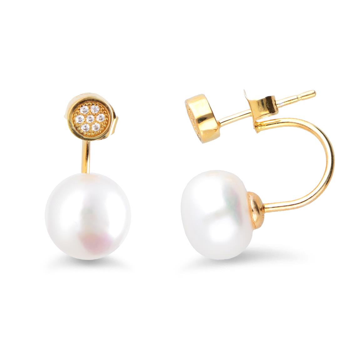 Golden silver earrings with button pearl and zircons - MAYUMI