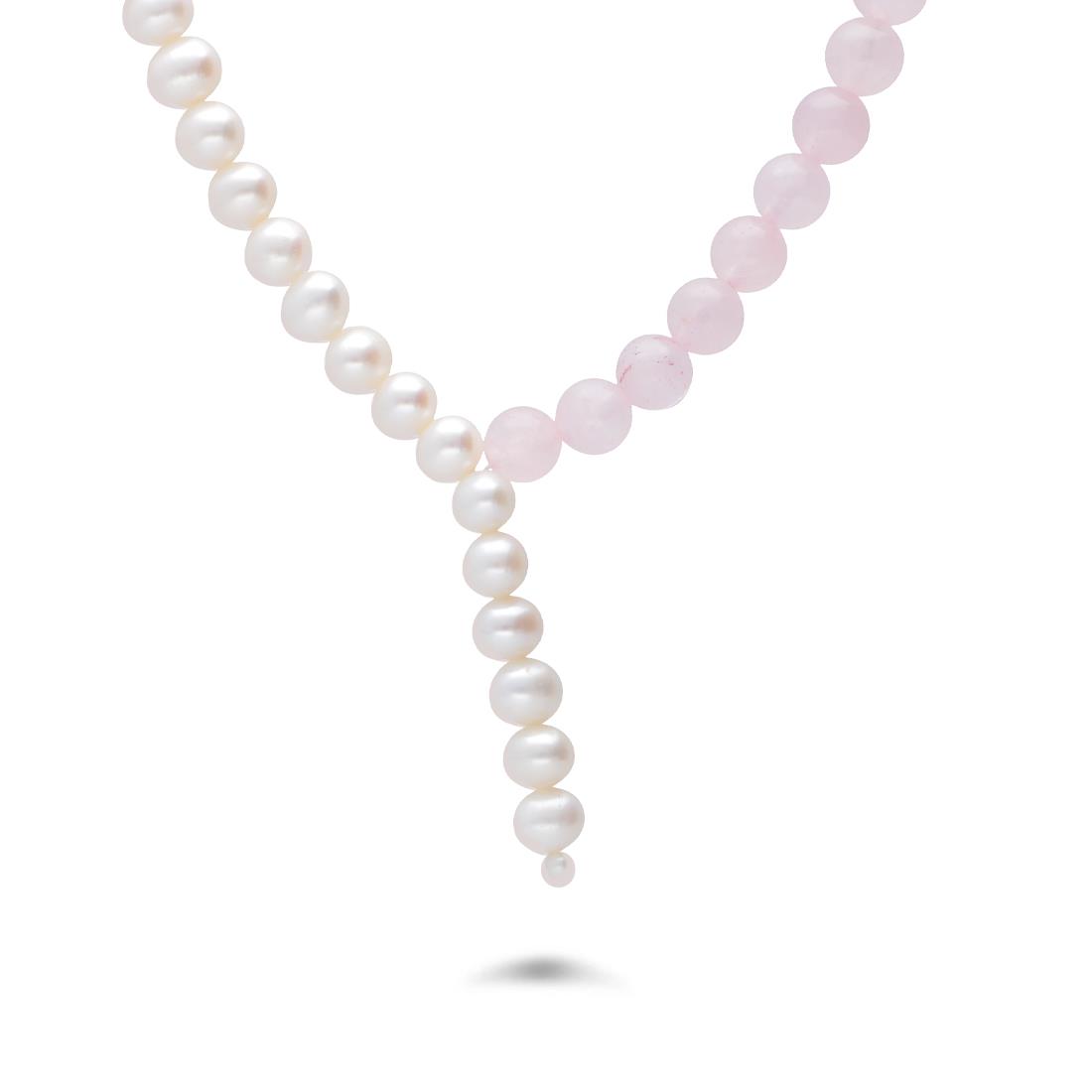 Collana in argento con quarzo rosa e perla semirotonada - MAYUMI