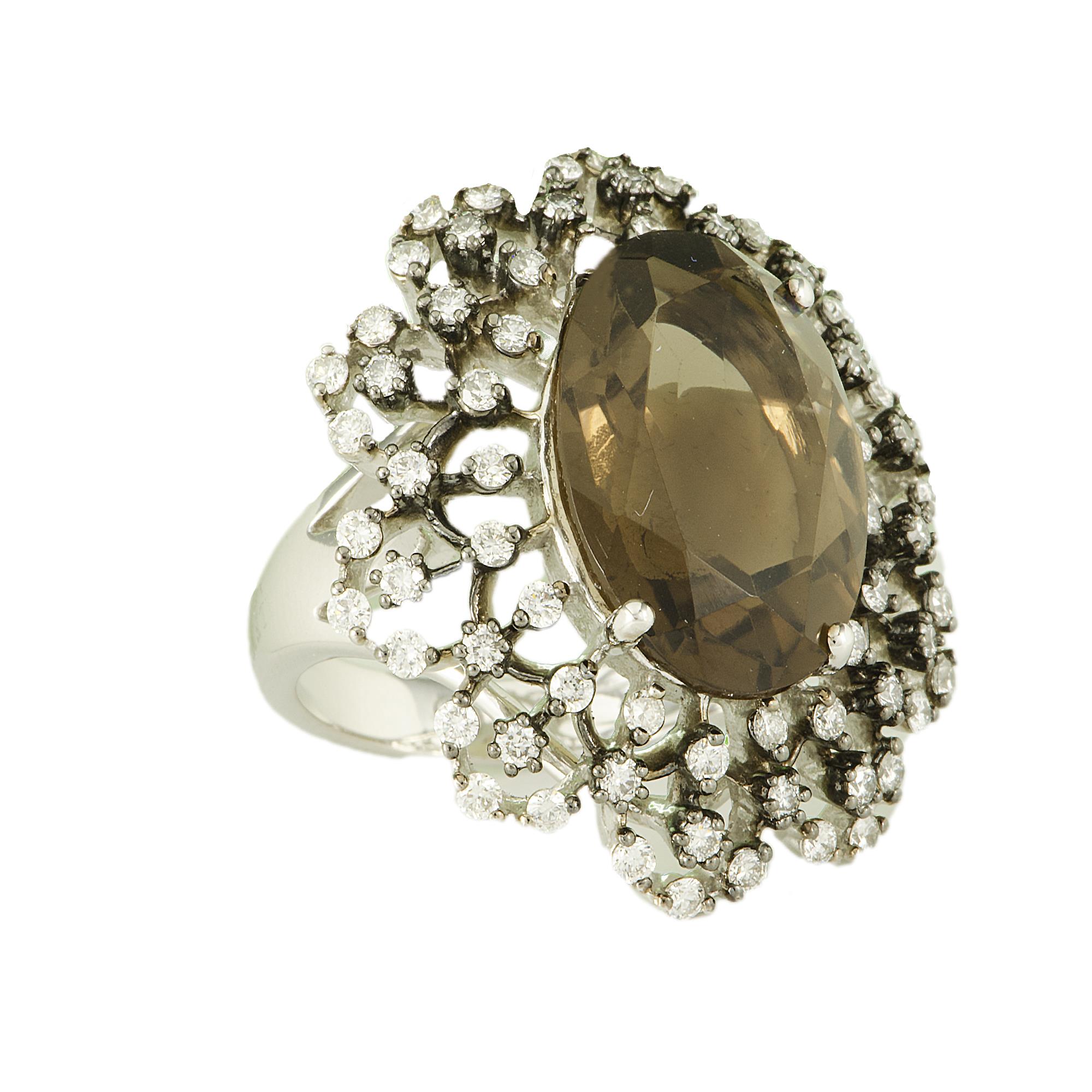 ANELLO IN ORO BIANCO CON DIAMANTI CT 1,24 E QUARZO FUME' MIS 15 - ALFIERI & ST. JOHN