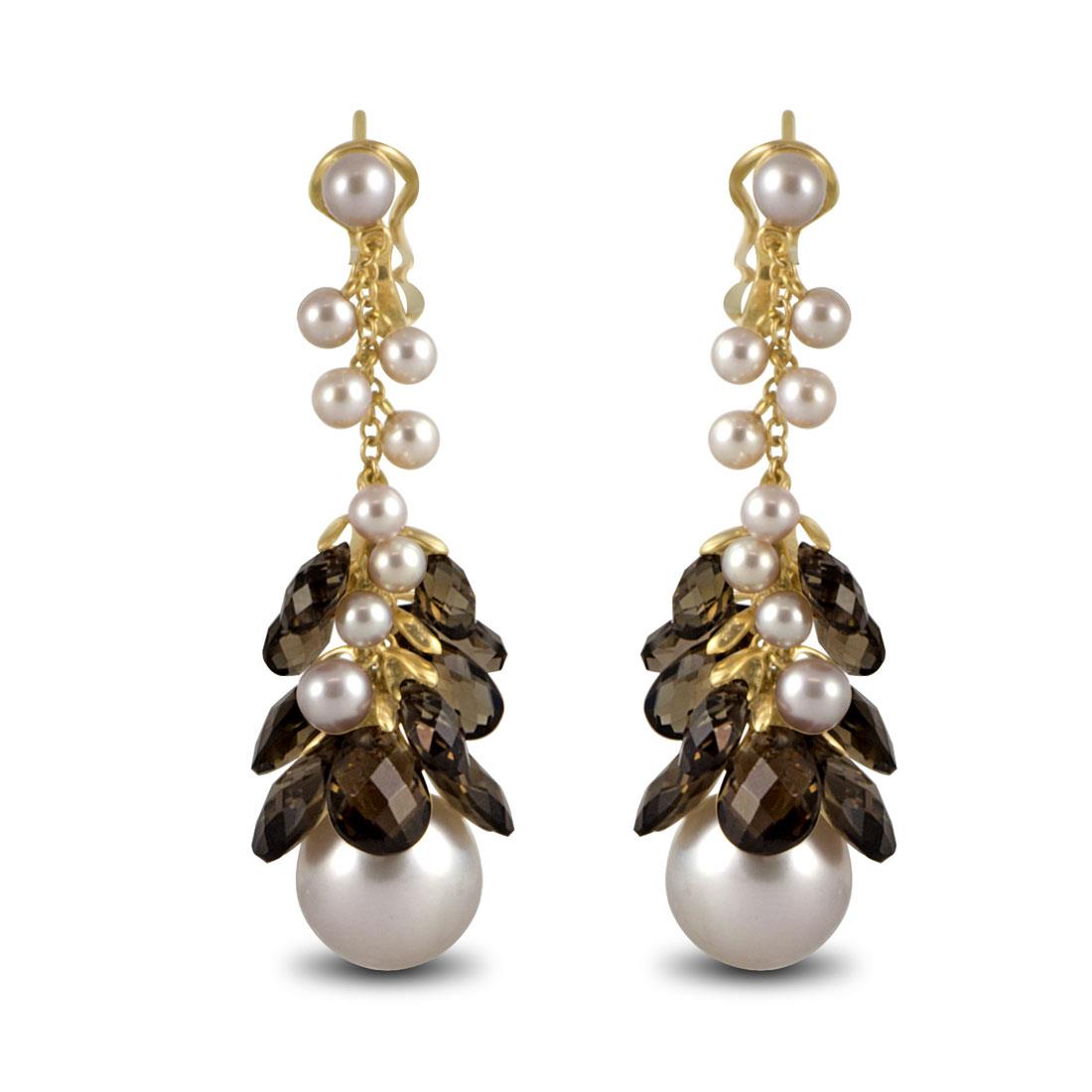 Mim&igrave; pink gold earrings with pearls and Smoky quartz - MIMI