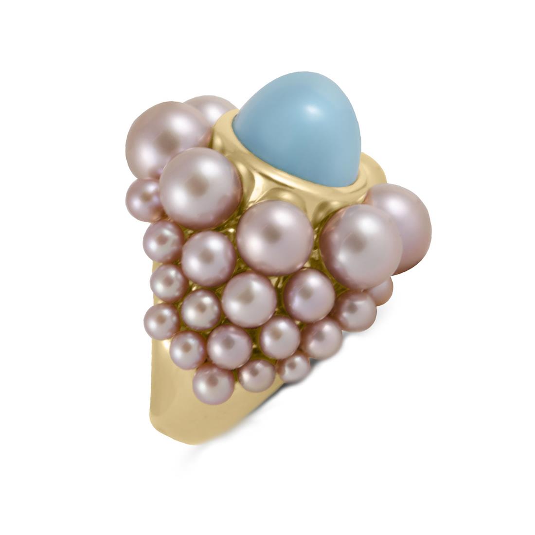 Pink gold ring with pearls and turquoise, size N - MIMI