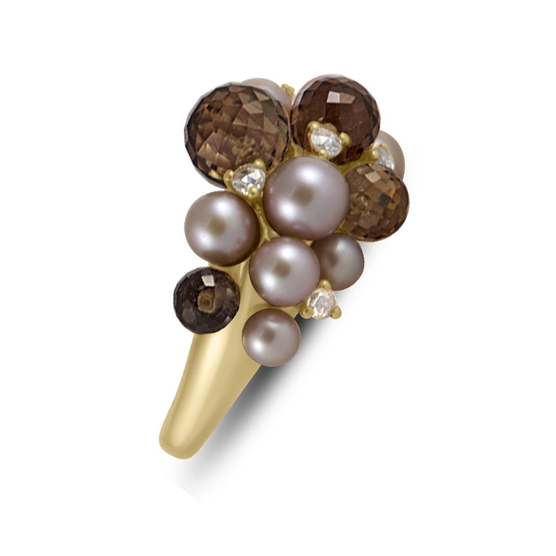 Mim&igrave; Pink gold ring with pearls, diamonds and smoked quartz, size N - MIMI